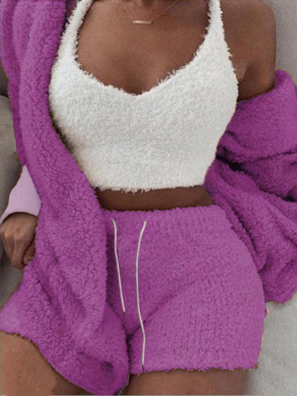 Plush Homewear Casual 3-piece Pajamas Long Sleeve Navel Vest Shorts Set 