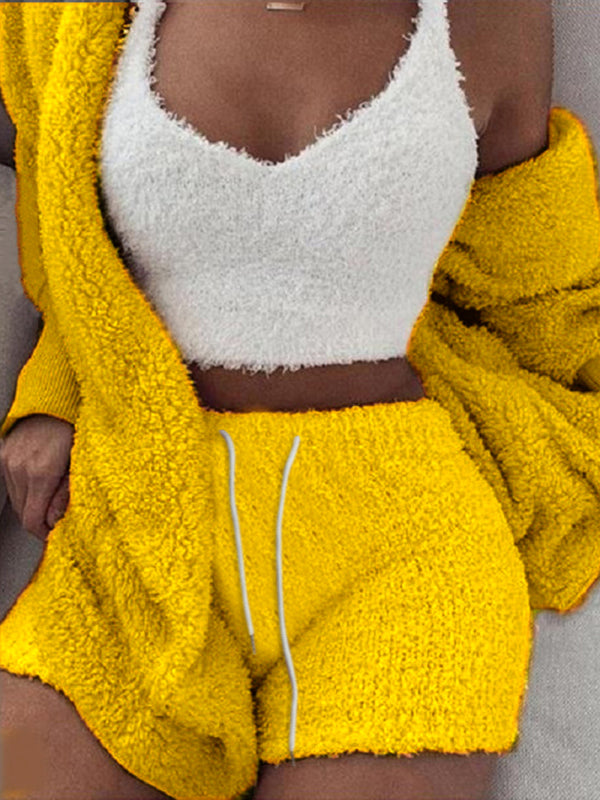 Plush Homewear Casual 3-piece Pajamas Long Sleeve Navel Vest Shorts Set 
