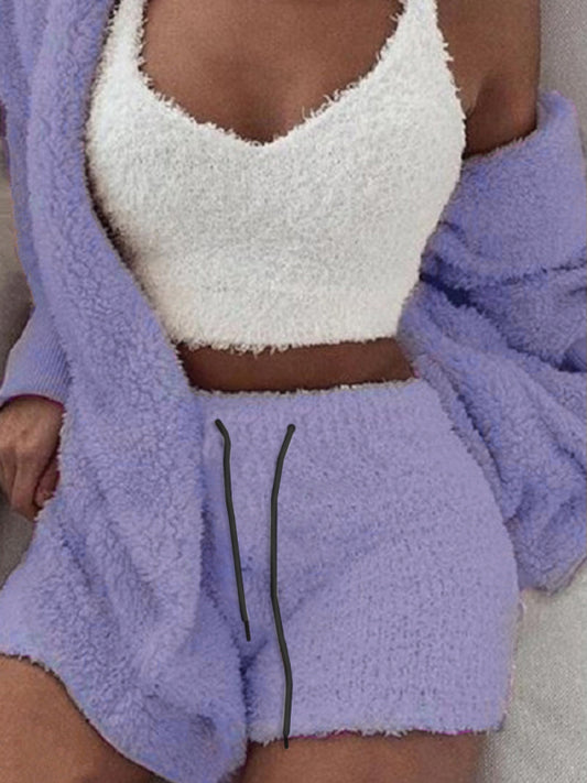 Plush Homewear Casual 3-piece Pajamas Long Sleeve Navel Vest Shorts Set 