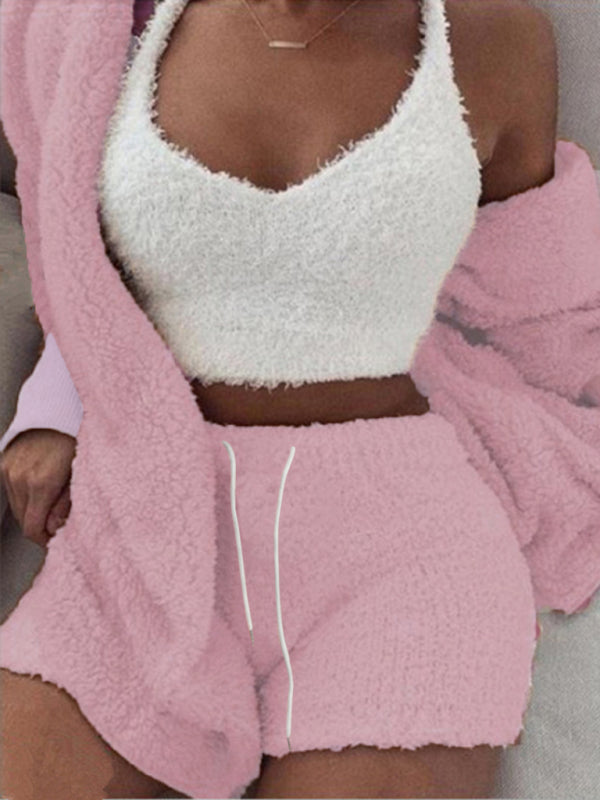 Plush Homewear Casual 3-piece Pajamas Long Sleeve Navel Vest Shorts Set 
