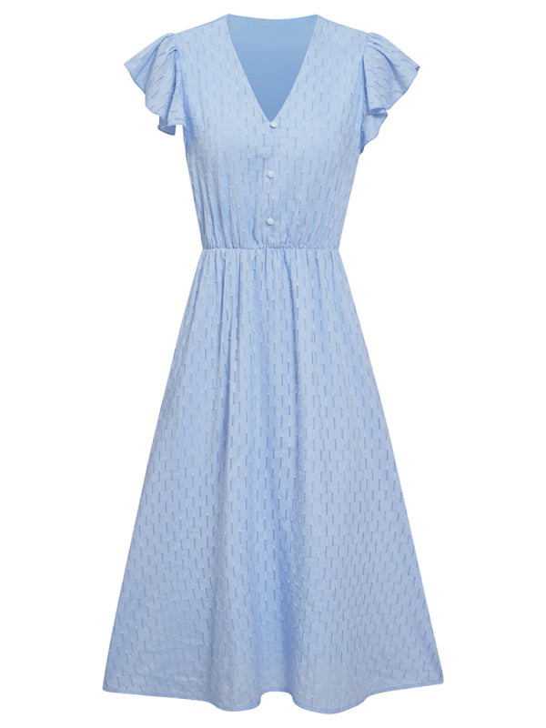 Women's clothing European and American solid color V-neck waist fresh wind dress for women 