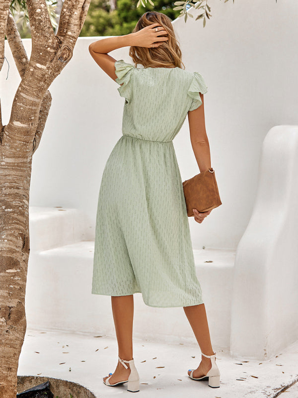 Women's clothing European and American solid color V-neck waist fresh wind dress for women 