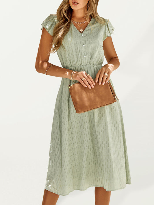 Women's clothing European and American solid color V-neck waist fresh wind dress for women 