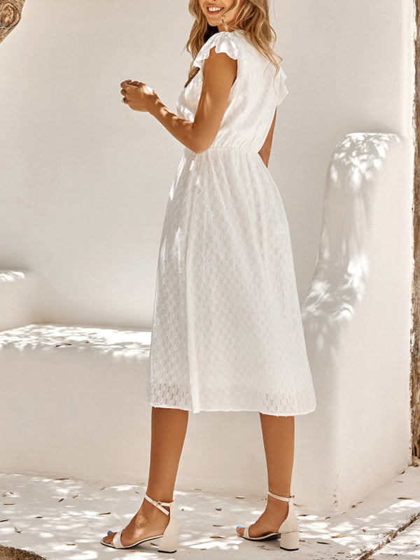 Women's clothing European and American solid color V-neck waist fresh wind dress for women 
