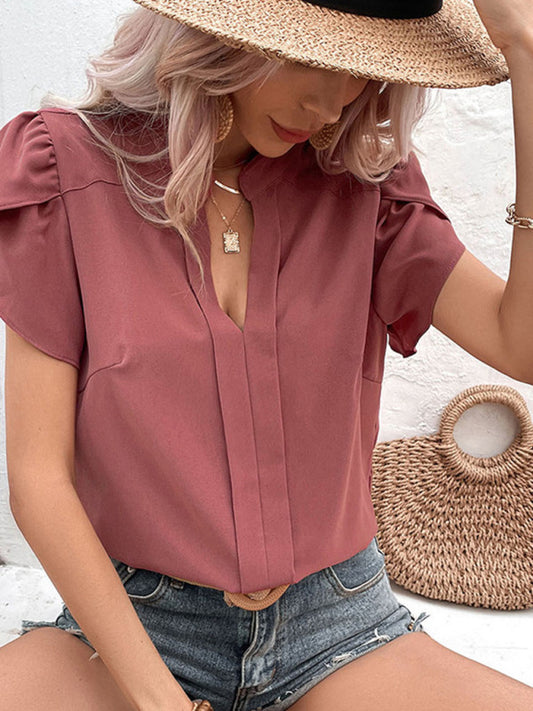 New fashion women's pullover v-neck red shirt 