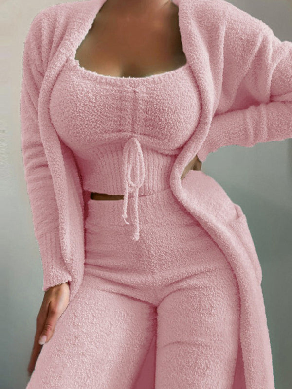 3 Piece Fashion Plush Set: Lace-up Tank Top, Jacket and Pants