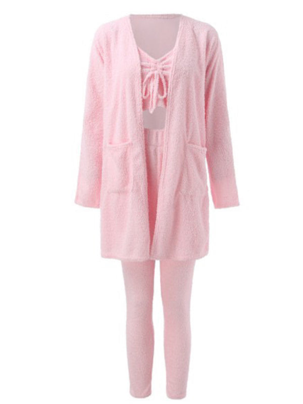3 Piece Fashion Plush Set: Lace-up Tank Top, Jacket and Pants