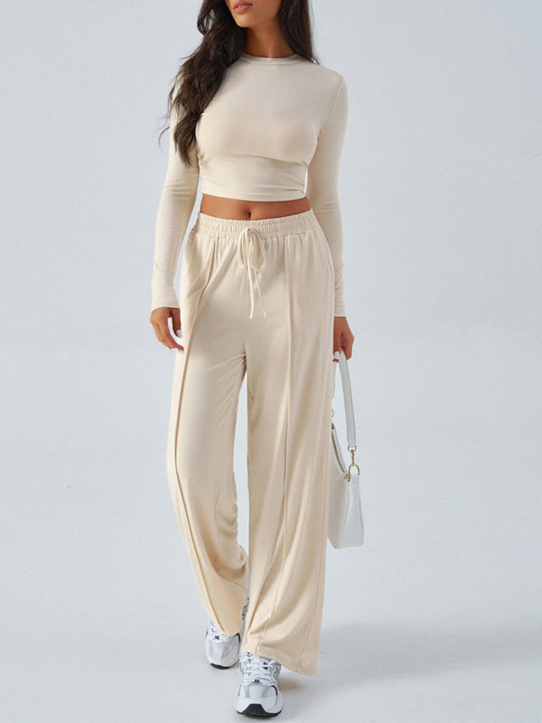 Women's Crew Neck Long Sleeve Top Wide Leg Pants Set 