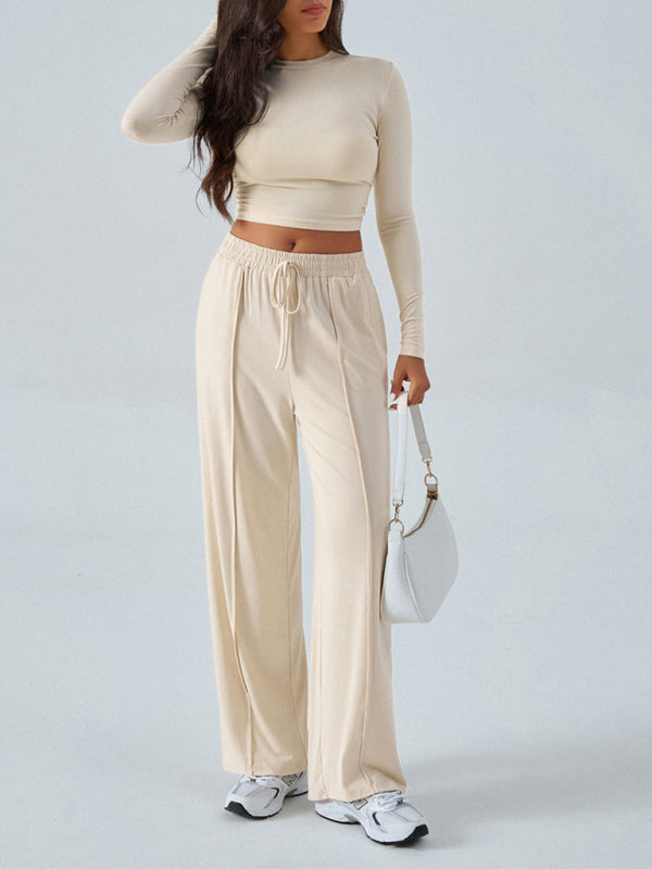 Women's Crew Neck Long Sleeve Top Wide Leg Pants Set 