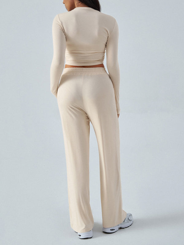 Women's Crew Neck Long Sleeve Top Wide Leg Pants Set 