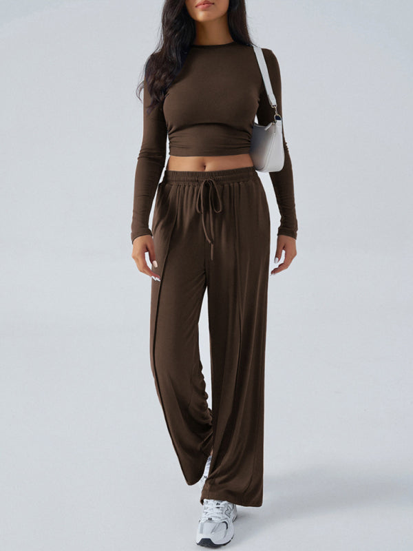 Women's Crew Neck Long Sleeve Top Wide Leg Pants Set 