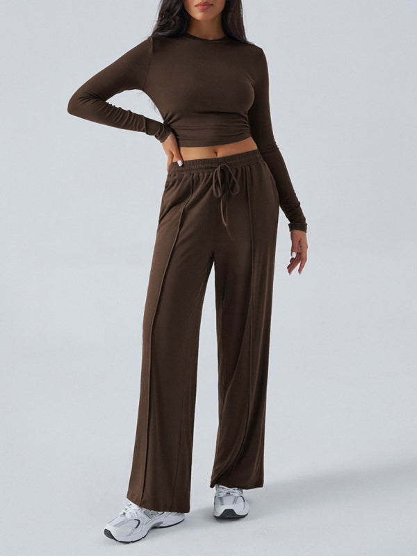 Women's Crew Neck Long Sleeve Top Wide Leg Pants Set 