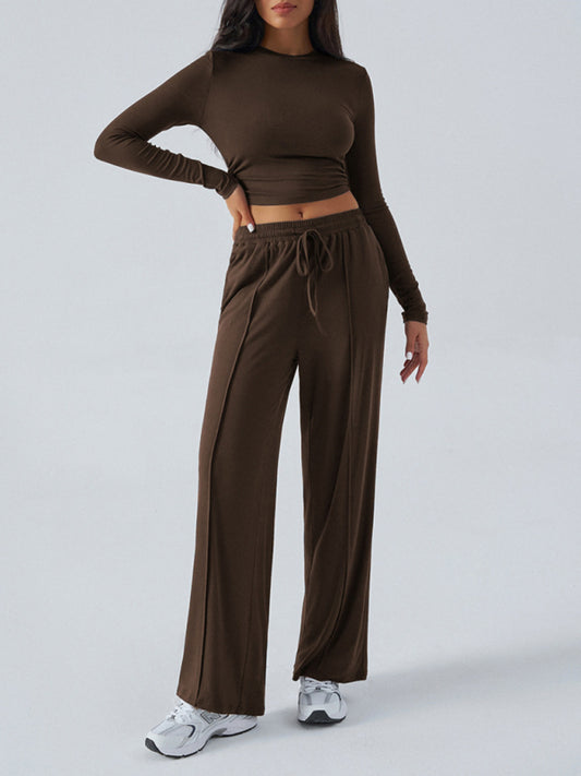 Women's Crew Neck Long Sleeve Top Wide Leg Pants Set 