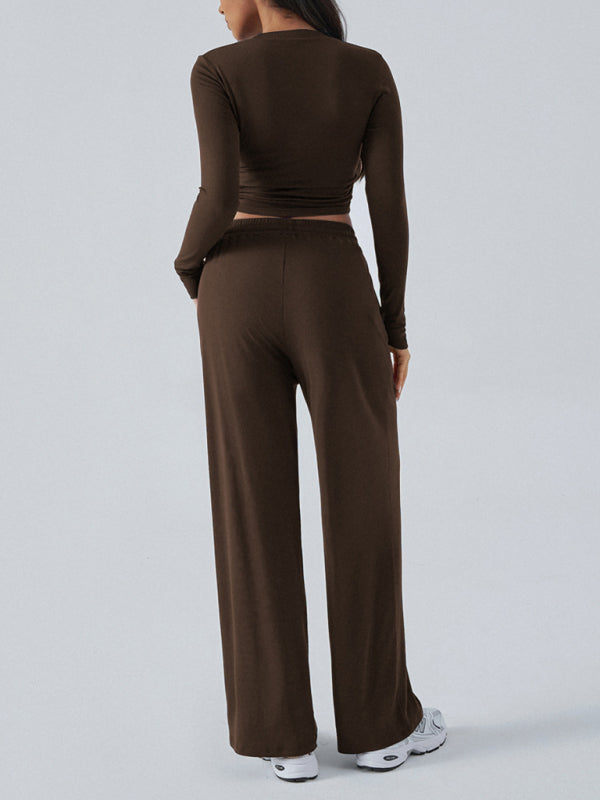 Women's Crew Neck Long Sleeve Top Wide Leg Pants Set 