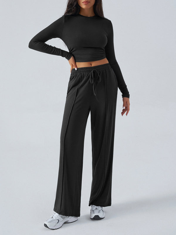 Women's Crew Neck Long Sleeve Top Wide Leg Pants Set 