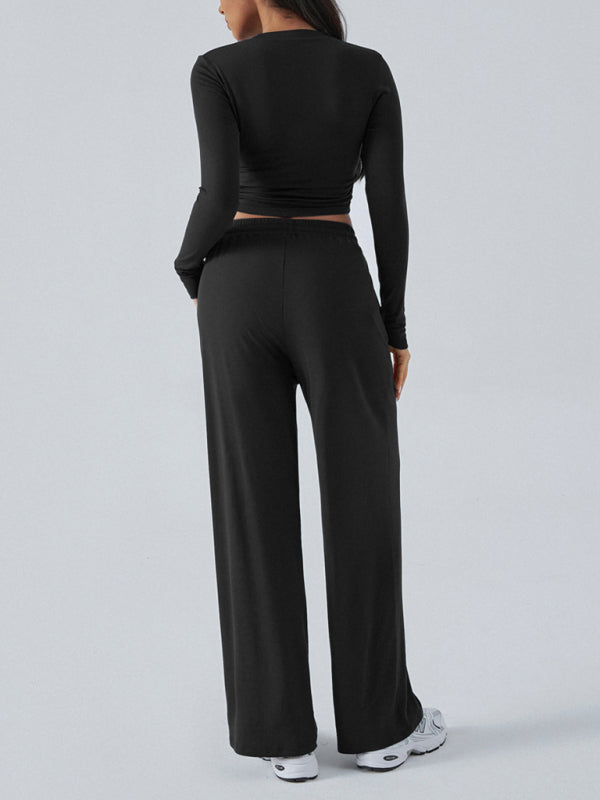 Women's Crew Neck Long Sleeve Top Wide Leg Pants Set 