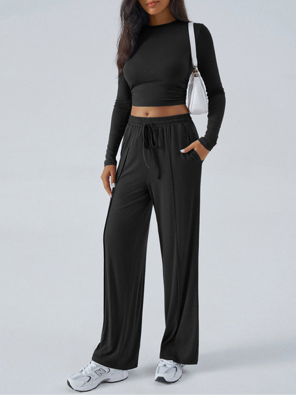 Women's Crew Neck Long Sleeve Top Wide Leg Pants Set 