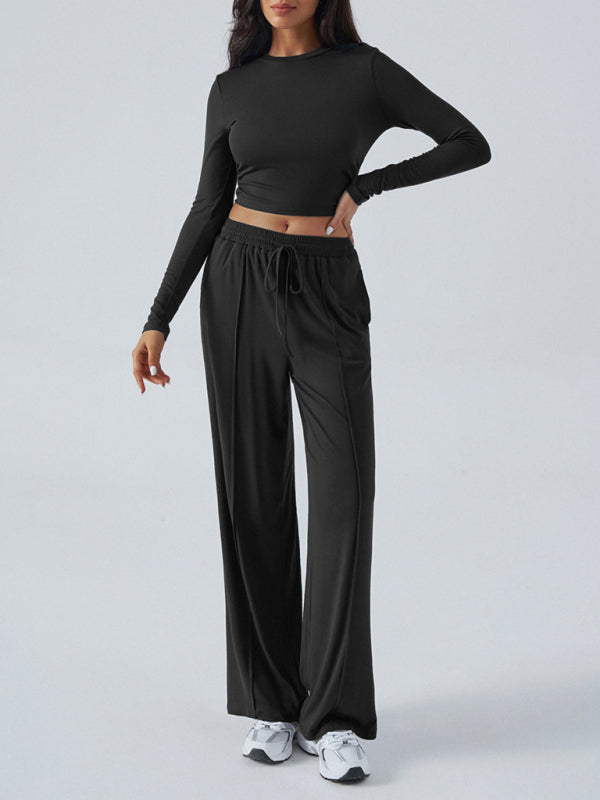 Women's Crew Neck Long Sleeve Top Wide Leg Pants Set 