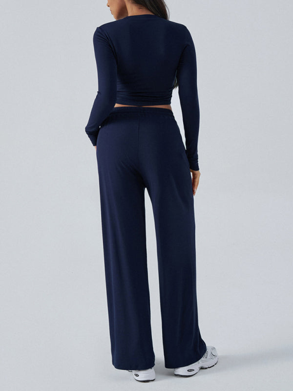 Women's Crew Neck Long Sleeve Top Wide Leg Pants Set 