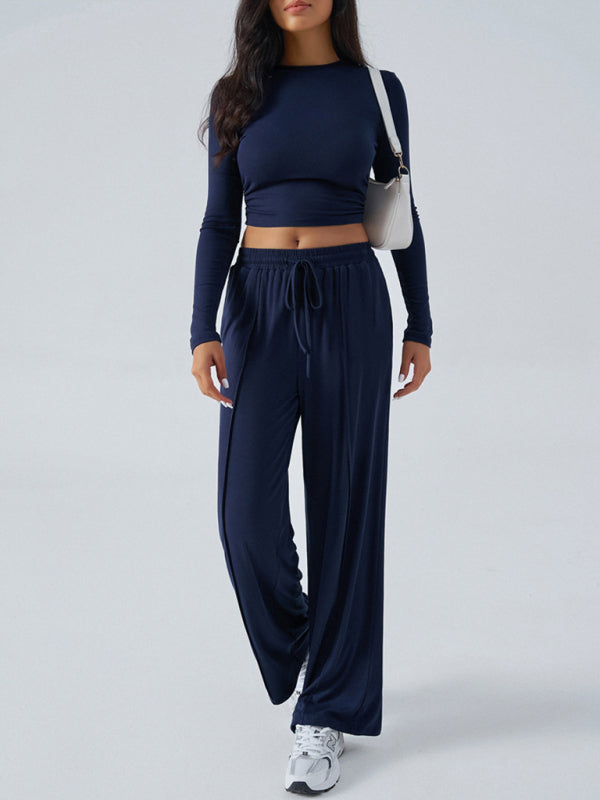 Women's Crew Neck Long Sleeve Top Wide Leg Pants Set 