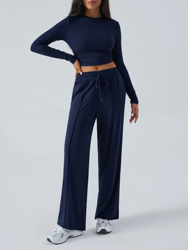 Women's Crew Neck Long Sleeve Top Wide Leg Pants Set 