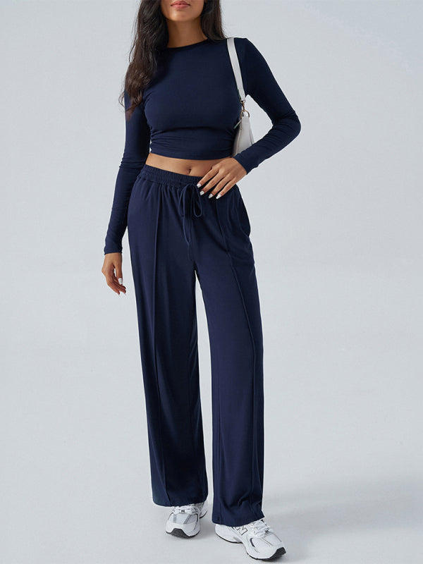 Women's Crew Neck Long Sleeve Top Wide Leg Pants Set 