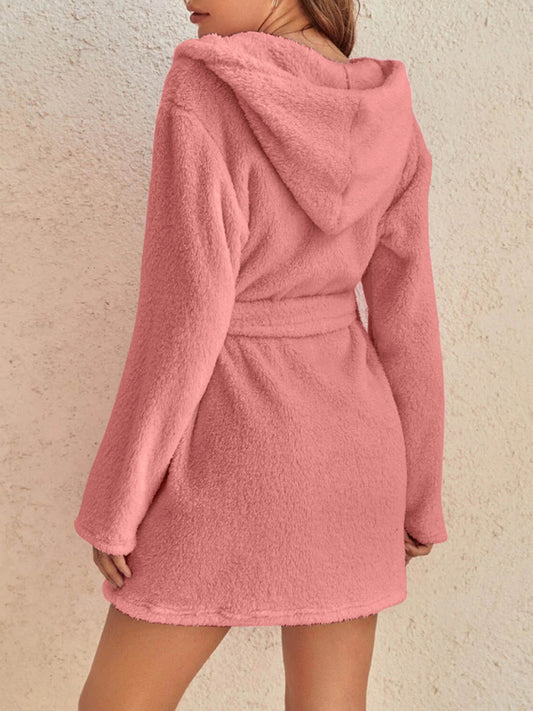 Autumn and winter hooded home plush pajamas solid color warm bathrobe 