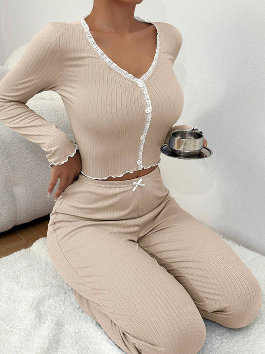 Women's pajamas long sleeves and long pants sexy lace set 
