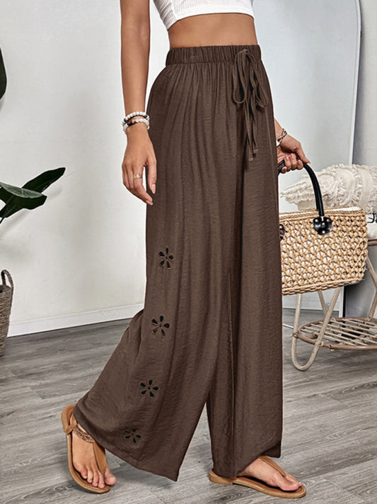 Simple Style Solid Color Embroidered Lace-up Wide Leg Pants