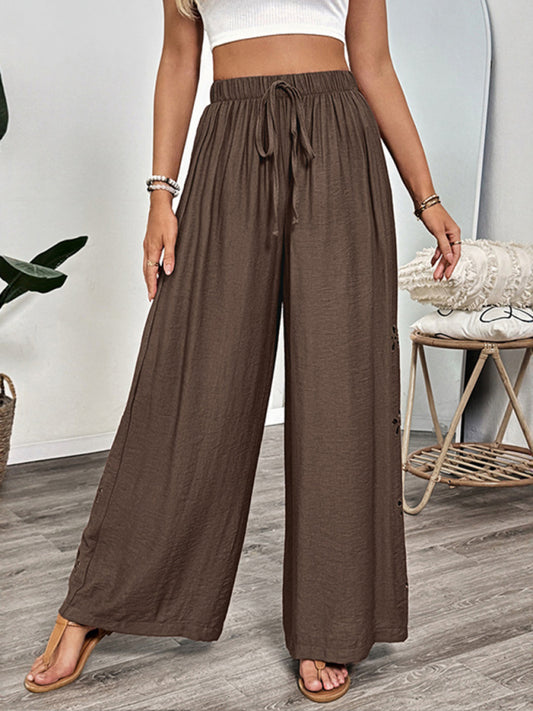 Simple Style Solid Color Embroidered Lace-up Wide Leg Pants