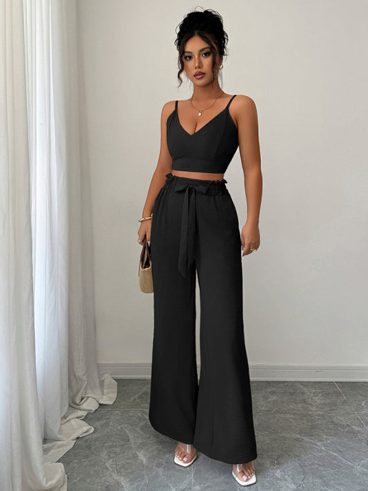 Black suspender vest wide-leg pants two-piece set 