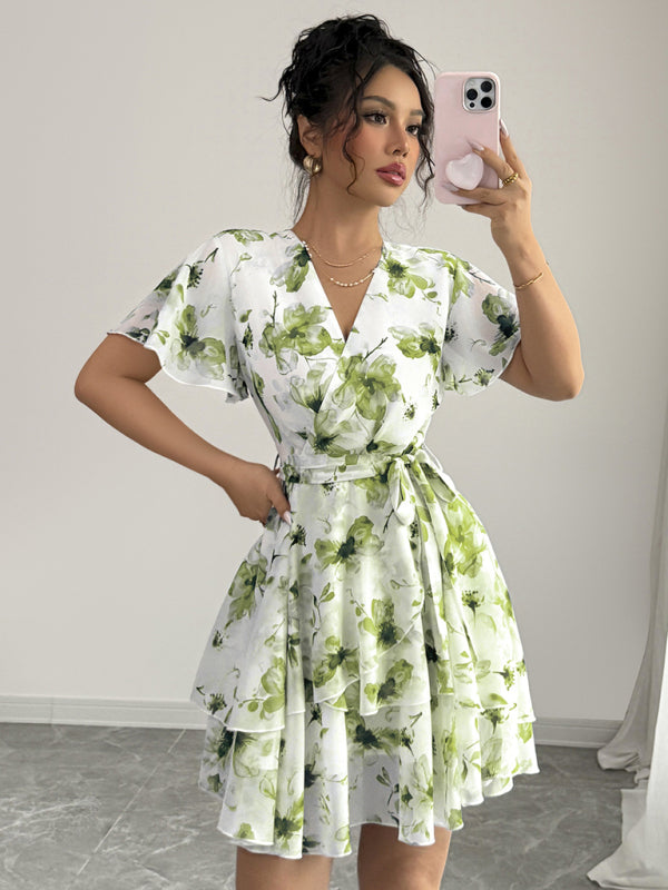 Deep V Neck Printed Mini Dress